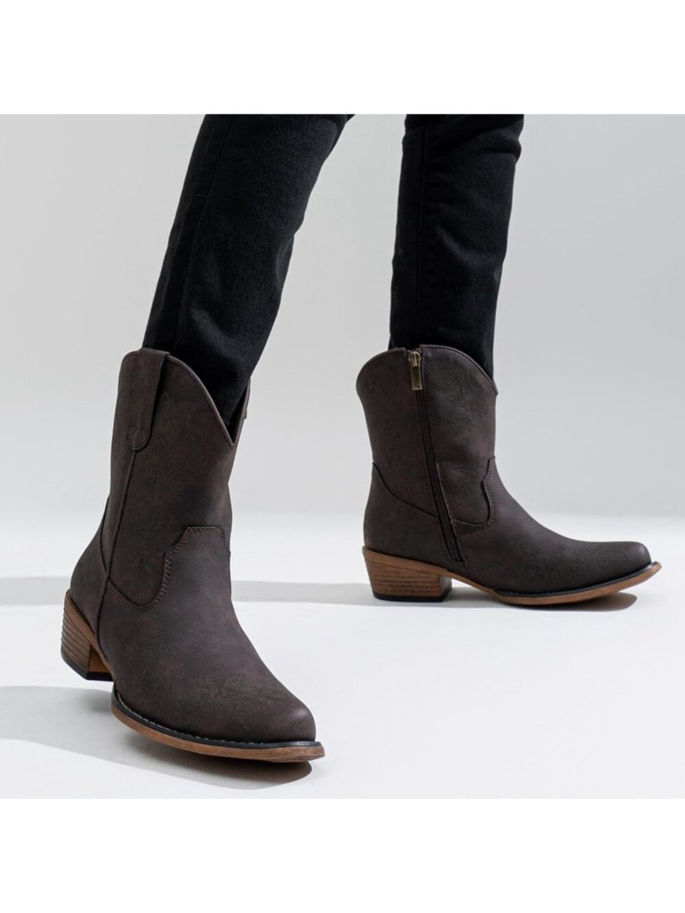 Women's Dark Brown Cowboy Boots Cowgirl Ankle Western with Square Toe Low Heel - Picture 3 of 6